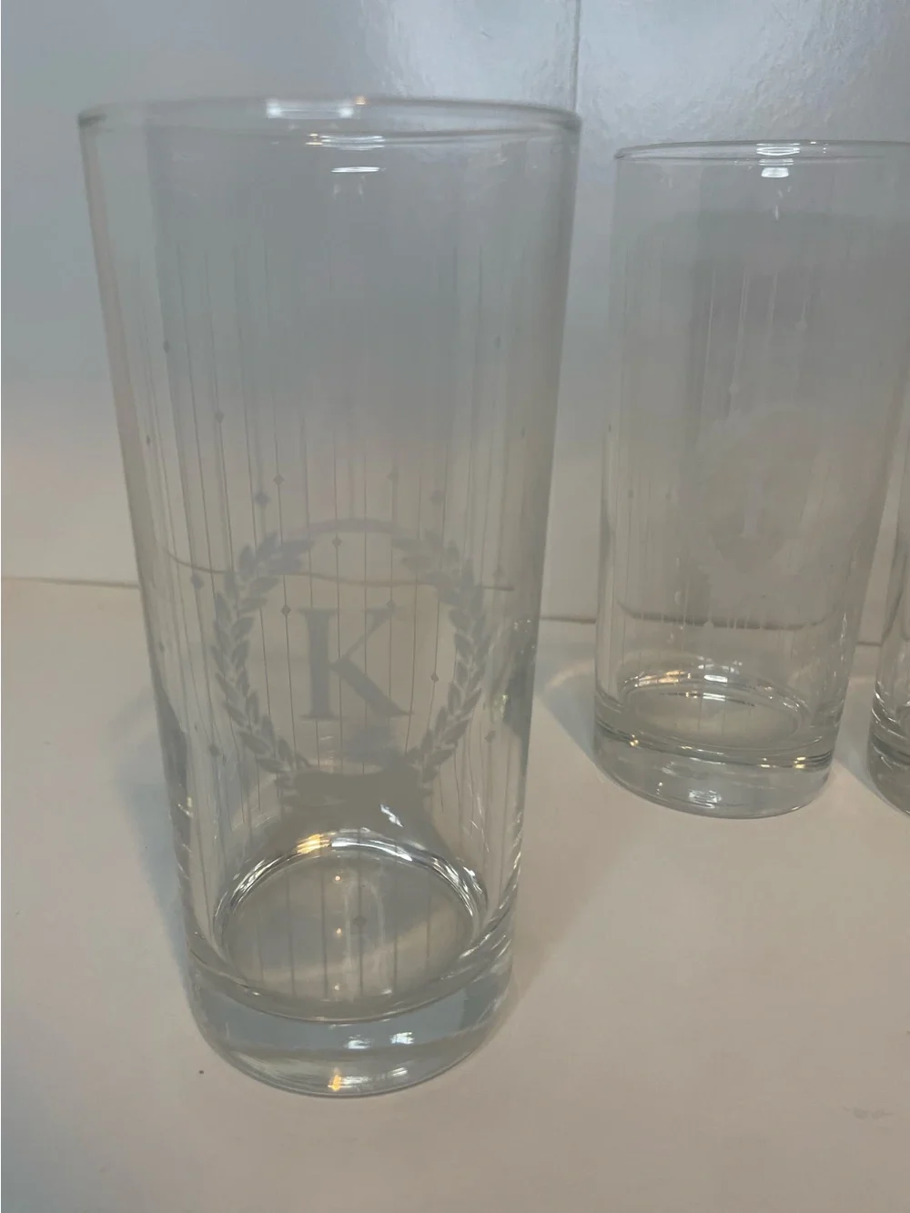 ‘K’ Monogrammed, Classic Clear Etched Highball Glasses - Set of Tall Tumblers,